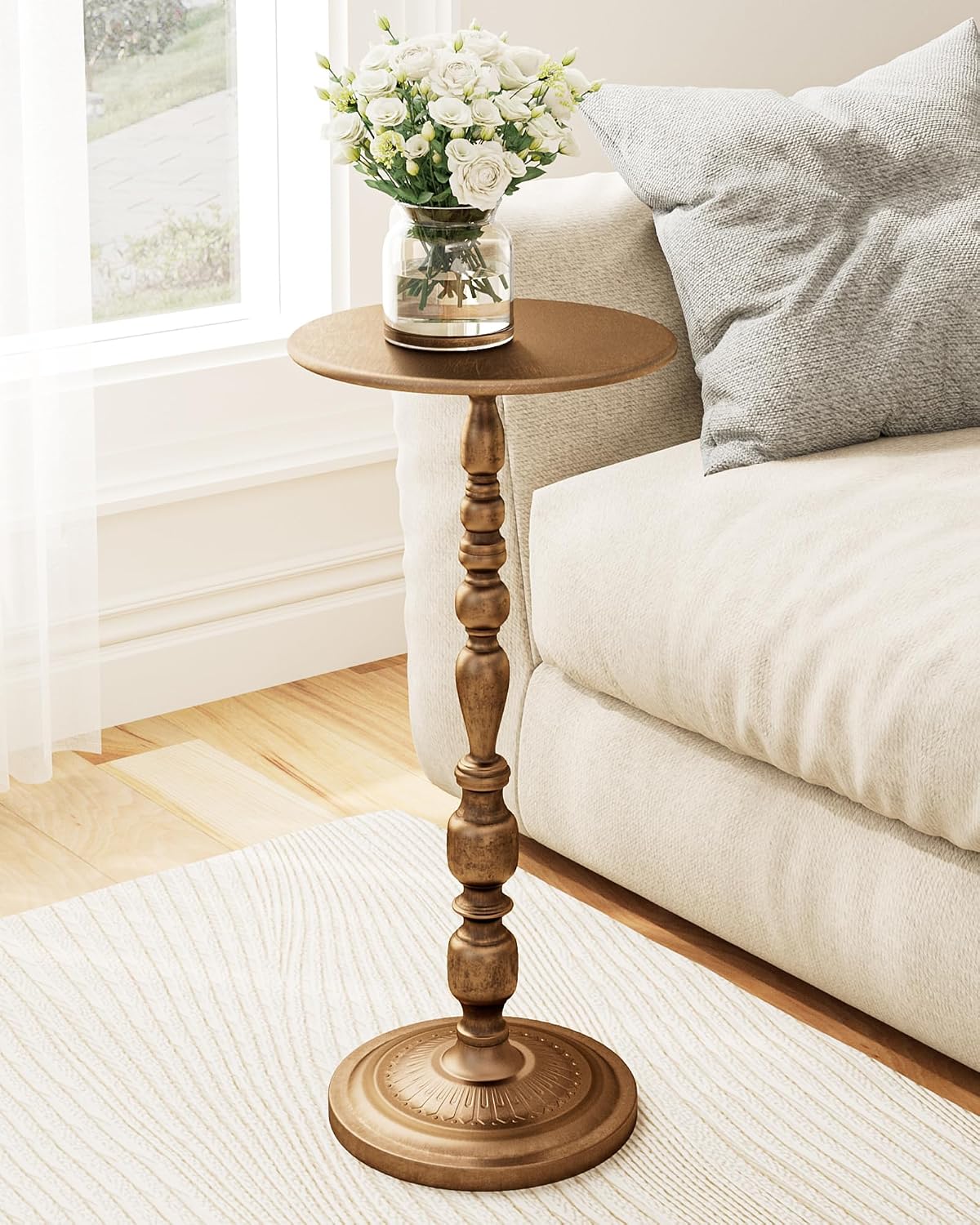 Bronze Side Table, Art Deco Vintage Metal End Table 25" Height, Accent Cocktail Table for Living Room, Small Spaces, Polished Brass Finish, Corrosion-Resistant Cast Aluminum