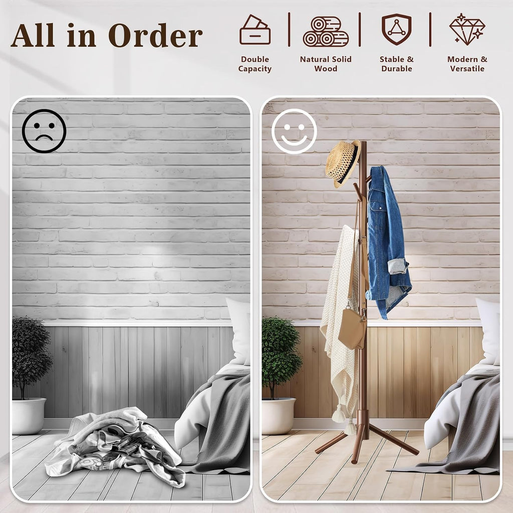 Wooden Coat Rack Freestanding with 8 Hooks,Easy Assembly New Zealand Pine Tree Coat Racks, 3 Adjustable Sizes for Clothes, Hats, Bags, for Entryway, Hallway, Bedroom, Office (Brown, 2 PCS)