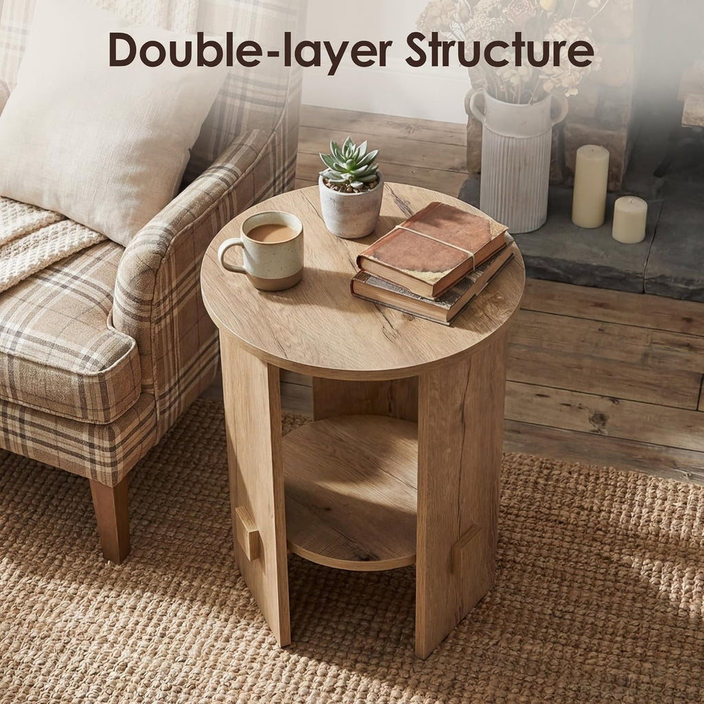 Round End Table with 2-Tier Storage, 15.5” Small Side Table for Living Room, Modern Nightstand with Open Shelf, Compact Accent Table for Bedroom, Sofa Side, Small Spaces (Natural)