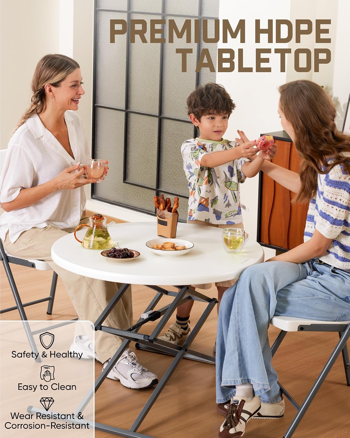 FanttikOutdoor 32" Round Folding Table 4 Heights Adjustable, One-Hand Quick Lift, Instalift, Plastic Portable Indoor Outdoor Table for Parties Commercial Events, 1 Pack, Granite White Zeta O3 Pro