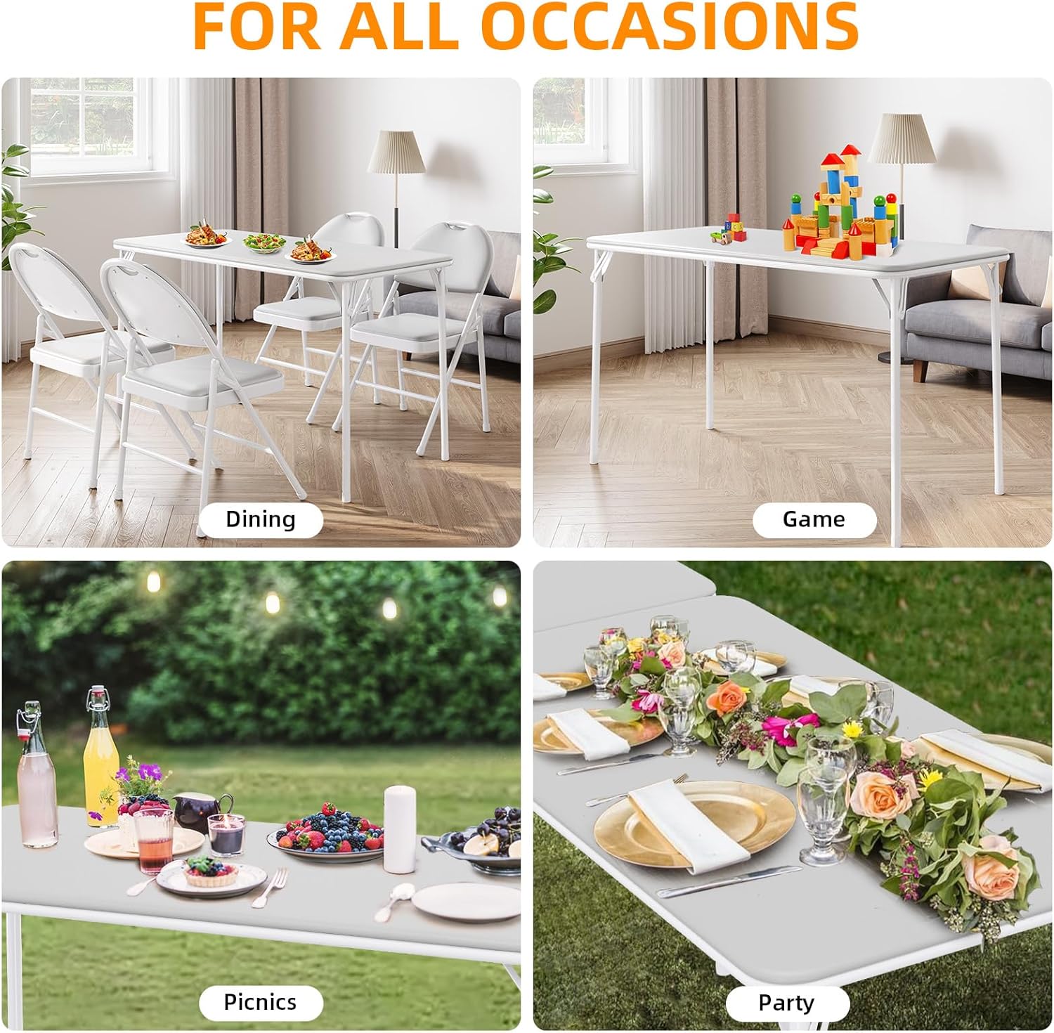 IDEALHOUSE 4 Feet Folding Table, Protable Foldable Card Table, Gray | Metal Legs Support, Upholstered PU Leather Tabletop, Heavy Duty, No Assembly Required, Perfet for Indoor and Outdoor