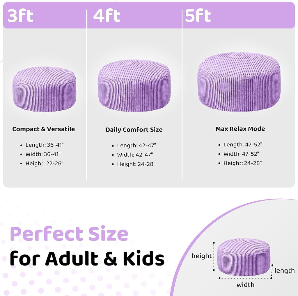 HABUTWAY 3FT Bean Bag Chair, 3' Large Bean Bag Chairs for Adults with Stripe Plush Cover, Memory Foam Beanbag Chair for Living Room Bedroom Dorm，Purple