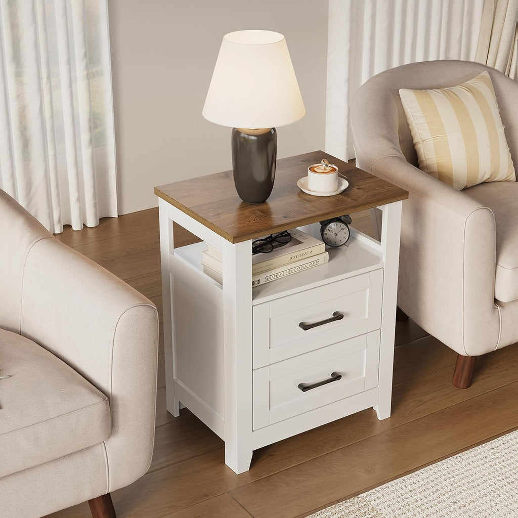 Decofy Farmhouse Nightstand with Charging Station, Modern End Tables with 2 Drawers & Open Shelf, Outlets, USB Ports & Type-C Ports, Wood Rustic Nightstands for Bedroom (2 Pack, Pure White + Walnut)
