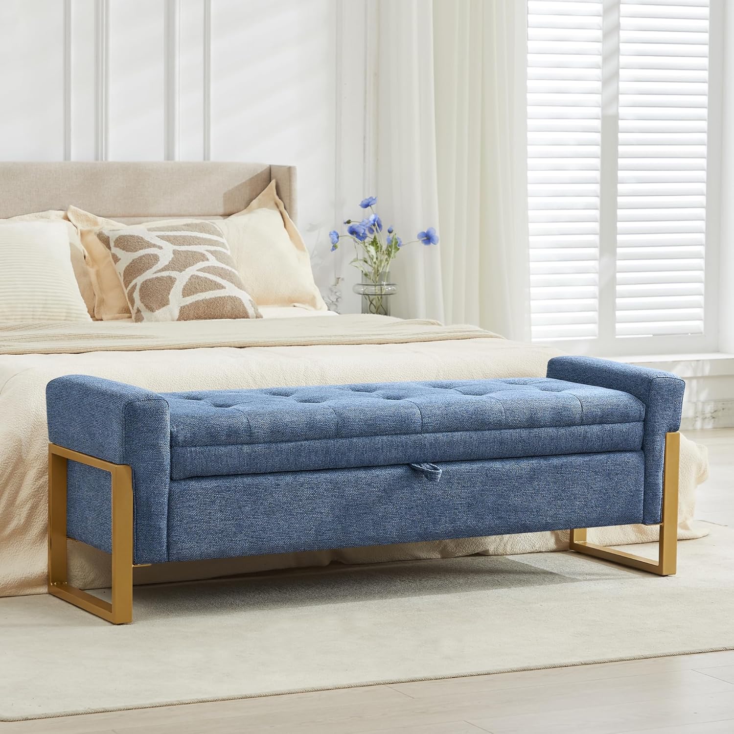 adochr 57" Storage Bench, Linen Upholstered Ottoman with Storage, Large End of Bed Bench with Metal Legs & Button-Tufted,500 lb Capacity, for Living Room, Bedroom, Entryway, Dark Blue