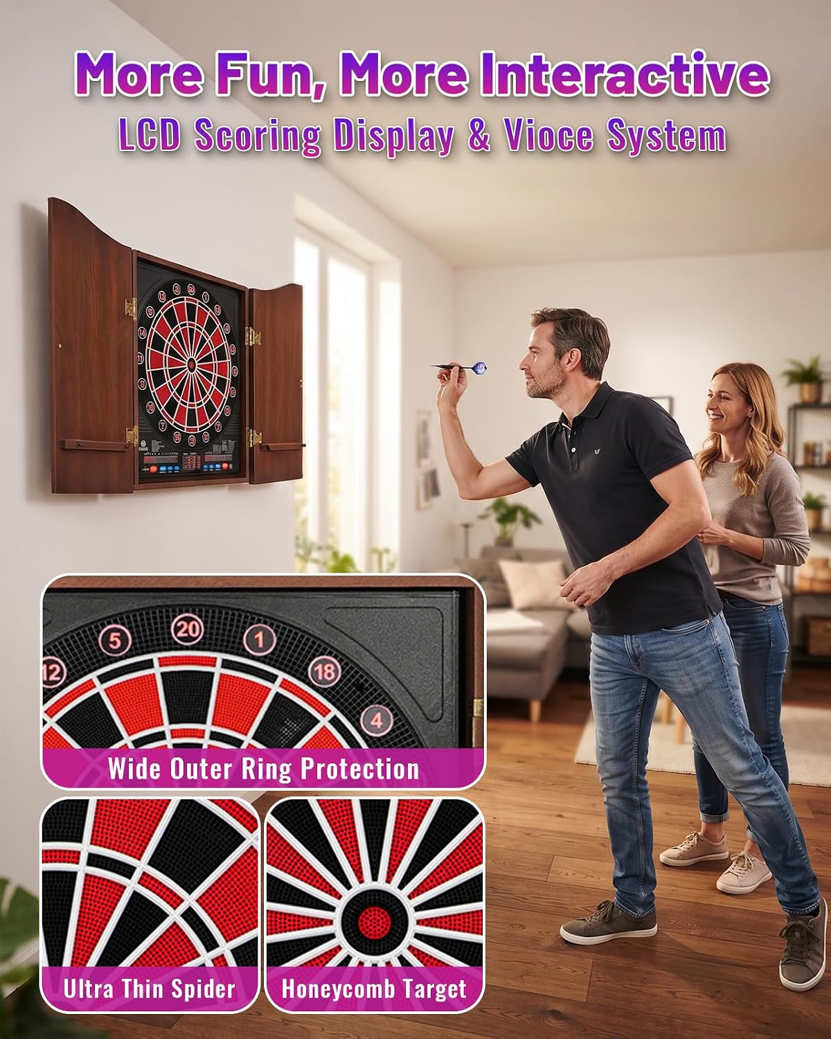 Electronic Dart Board with Cabinet Set, Dartboard with 8-Player Color Light | 3 Large LCD Displays with 34 Games, Automatic Scoring, 12 Darts+100 Tips, Great Gift for Man Cave Game Room Home Bar