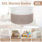 90L Extra Large Blanket Basket for Living Room - Cotton Rope Laundry Hamper Woven Baskets XXL Storage Bin with Handles for Dirty Clothes, Kids, Pets, Toys, Bedroom, 23'' x 23'' x 13'', White & Brown