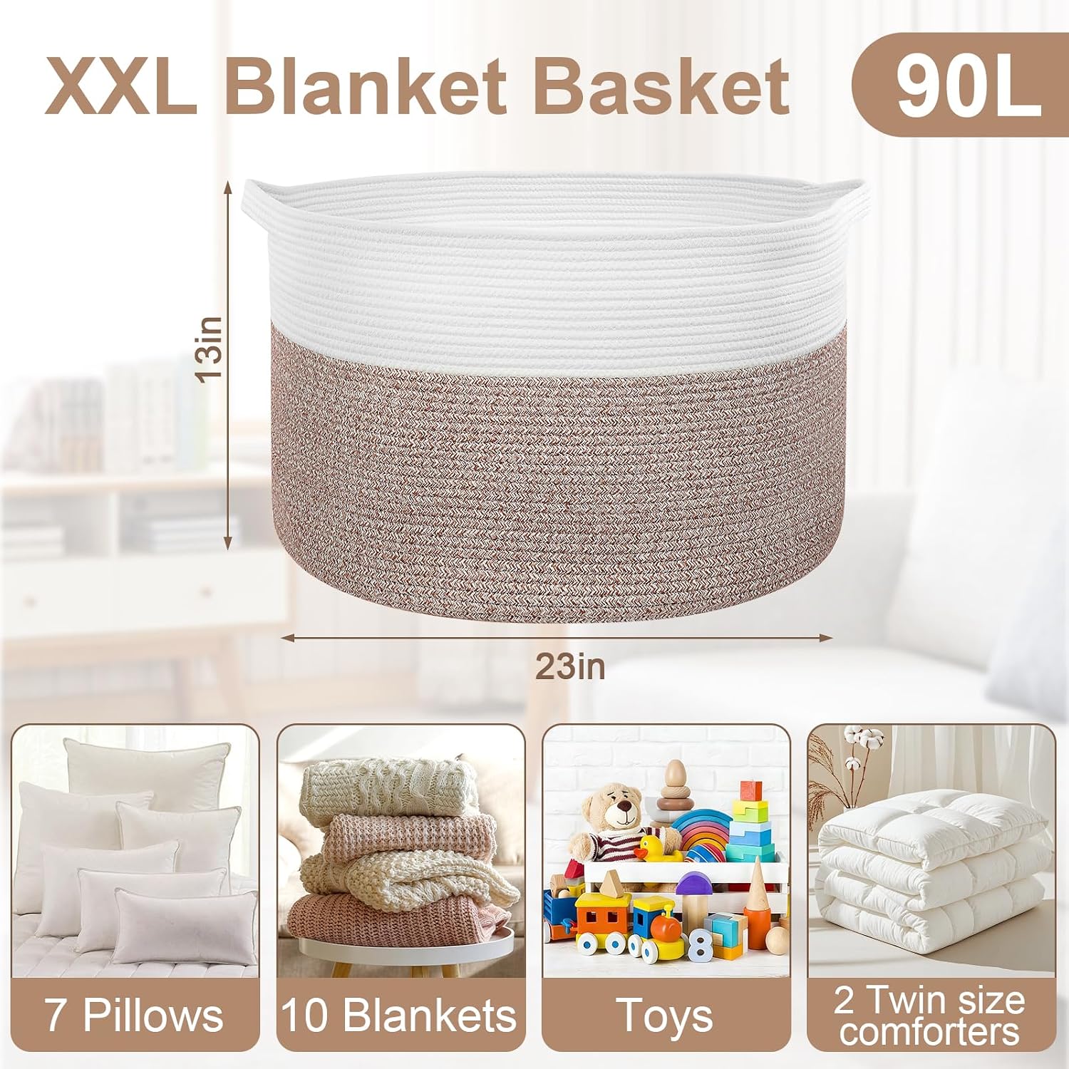 90L Extra Large Blanket Basket for Living Room - Cotton Rope Laundry Hamper Woven Baskets XXL Storage Bin with Handles for Dirty Clothes, Kids, Pets, Toys, Bedroom, 23'' x 23'' x 13'', White & Brown