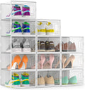 Snaxo 12 Pack Large Clear Shoe Storage Boxes, Stackable Modular Plastic Shoe Organizer Front-Opening Door, Ventilated Dust-Proof Sneaker Display Cases Closet and Entryway, White