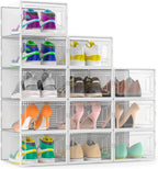 Snaxo 12 Pack Large Clear Shoe Storage Boxes, Stackable Modular Plastic Shoe Organizer Front-Opening Door, Ventilated Dust-Proof Sneaker Display Cases Closet and Entryway, White