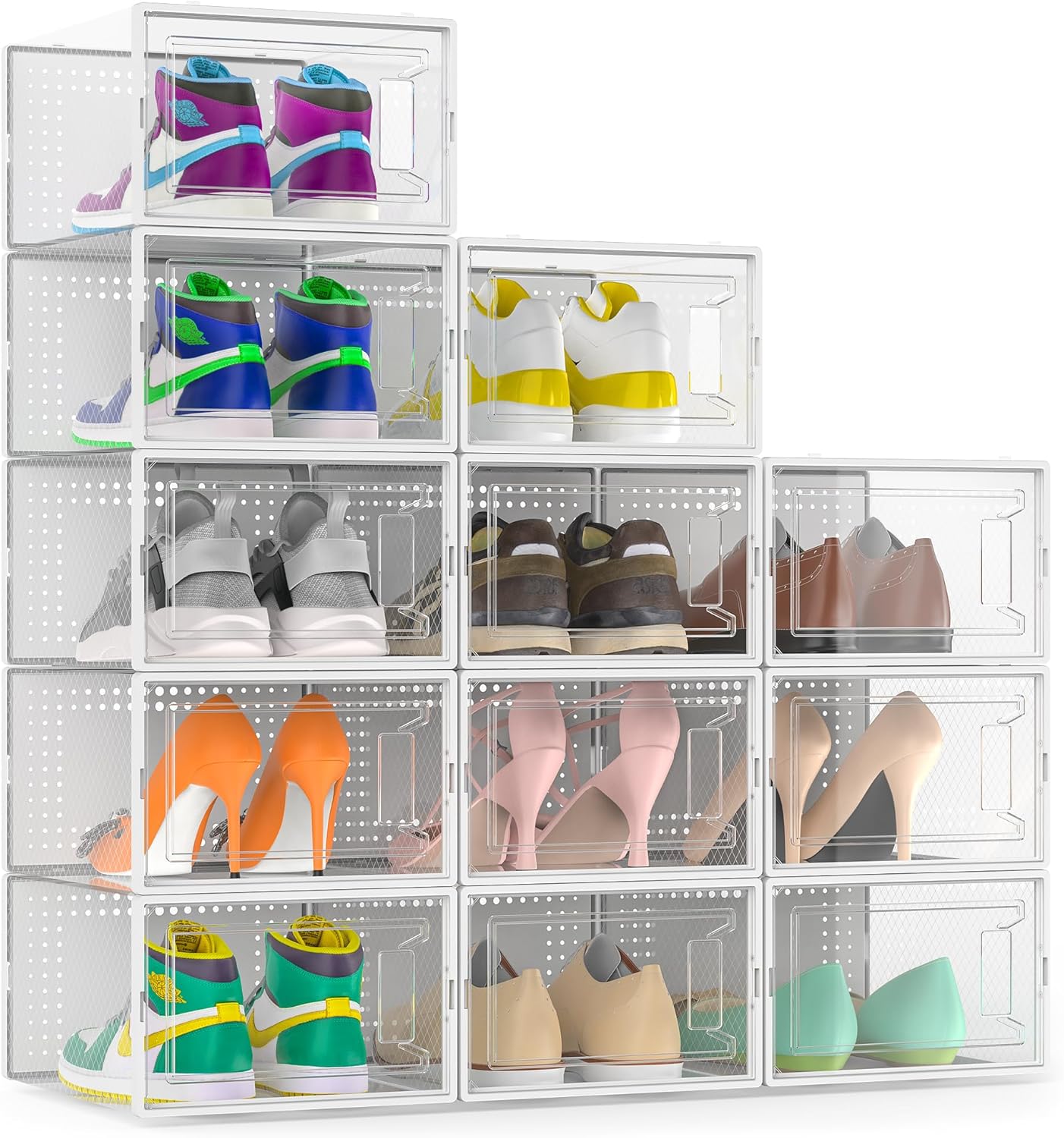 Snaxo 12 Pack Large Clear Shoe Storage Boxes, Stackable Modular Plastic Shoe Organizer Front-Opening Door, Ventilated Dust-Proof Sneaker Display Cases Closet and Entryway, White