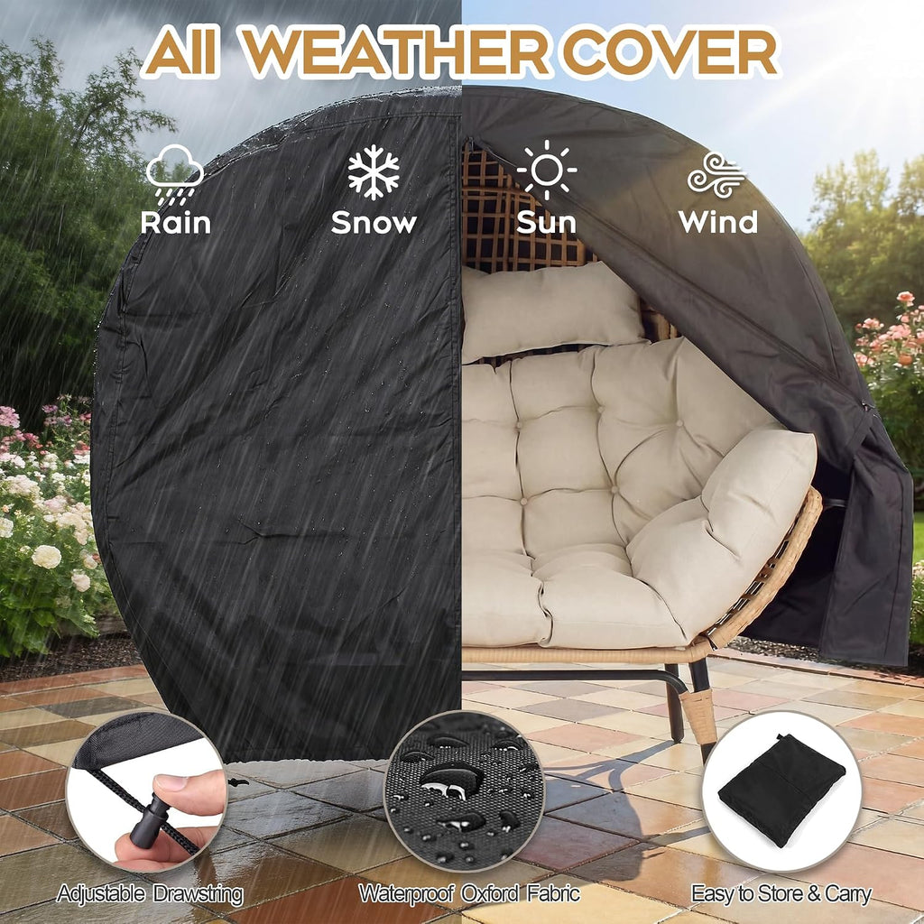 Double Egg Chair Outdoor Indoor 2 Person Wicker Egg Lounge Chair with Foldable Cup Holder Cushion Rain Cover Patio Oversized Loveseat for Balcony Porch Backyard