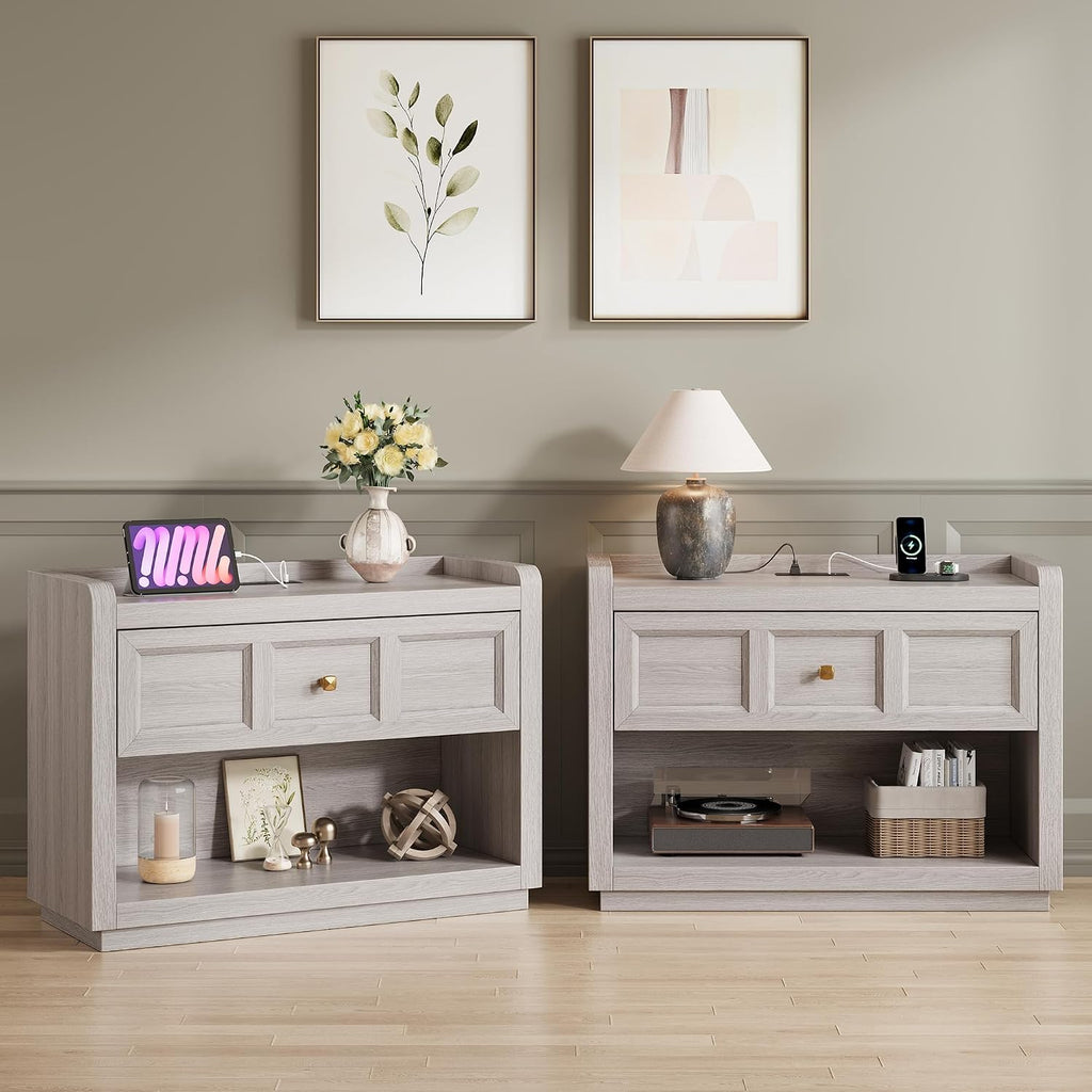 Night Stand Set of 2 with Charging, 31" Farmhouse Nightstands with Drawer Storage Large Modern King Size Bed Side Table for Bedroom Living Room Sofa Office, Grey