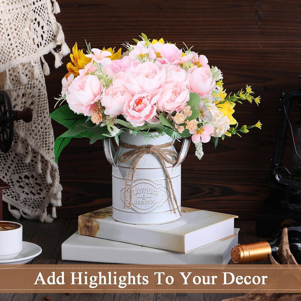 Roshtia 2 Pcs 6 Inch Metal Milk Can Jug Bulk Vintage Galvanized Milk Vase Rustic Farmhouse Flower Bucket French Shabby Chic Decor with Handle for Home Wedding Table Centerpiece (Retro White)