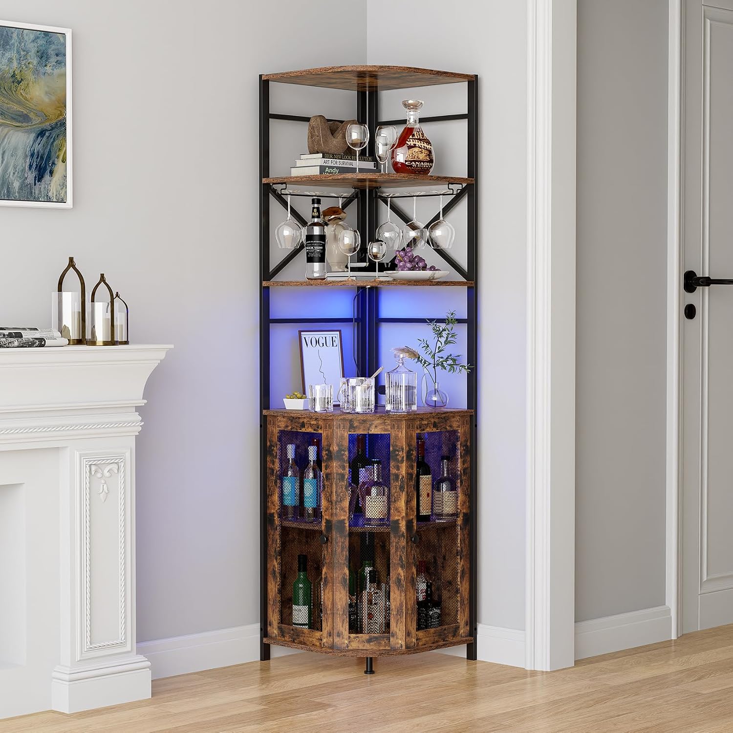 Wine Bar Cabinet with Power Outlet, 6-Tiers Industrial Wine Cabinet with LED Light and Glass Holder, Corner Wine Cabinet with Adjustable Shelf, Liquor Cabinet Bar for Christmas