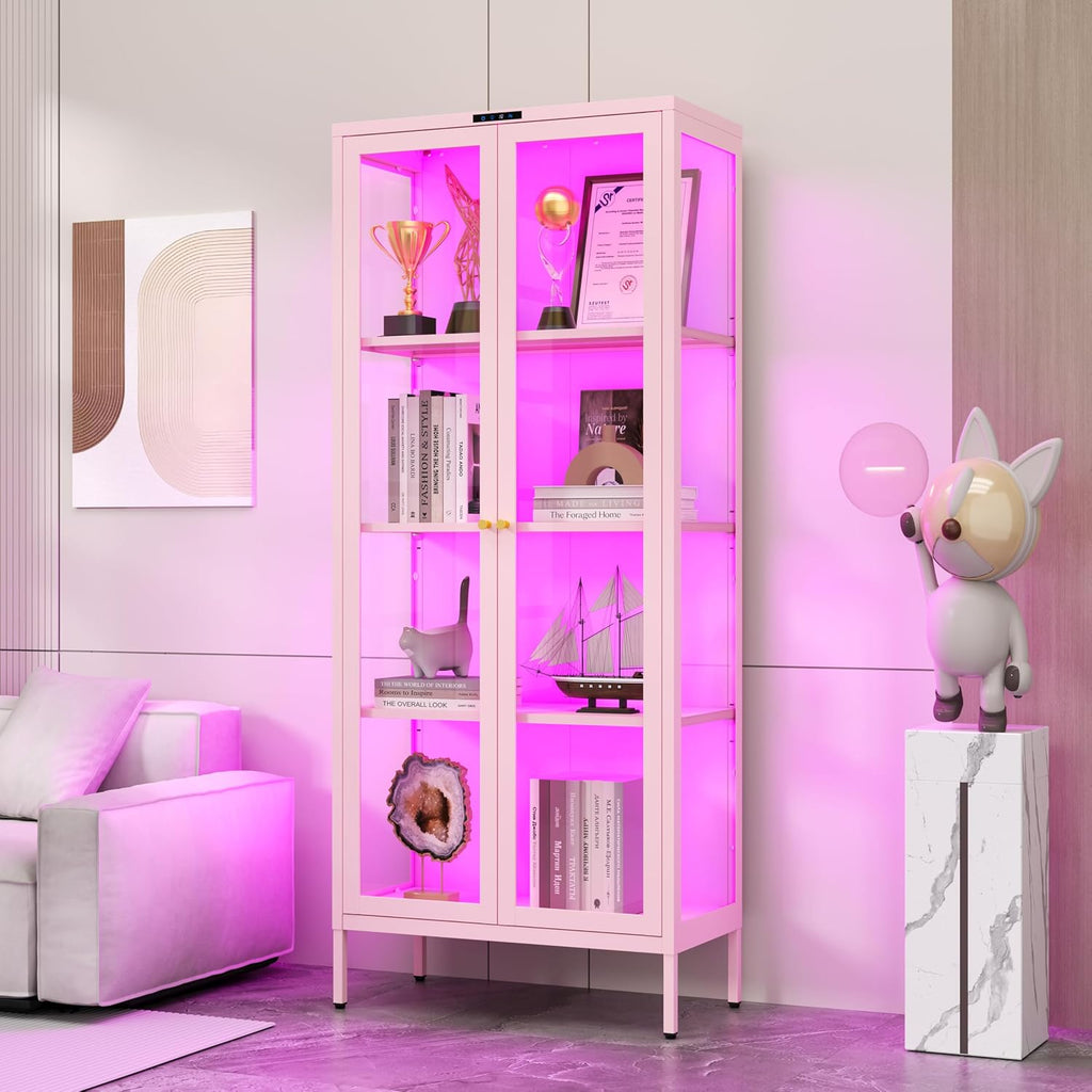Polup Glass Display Cabinet with Glass Doors, Metal Curio Cabinet with 8-Color LED Lights, 66 Inch Tall Display Case for Collectibles, Pink China Cabinet for Living Room, Assembly Required