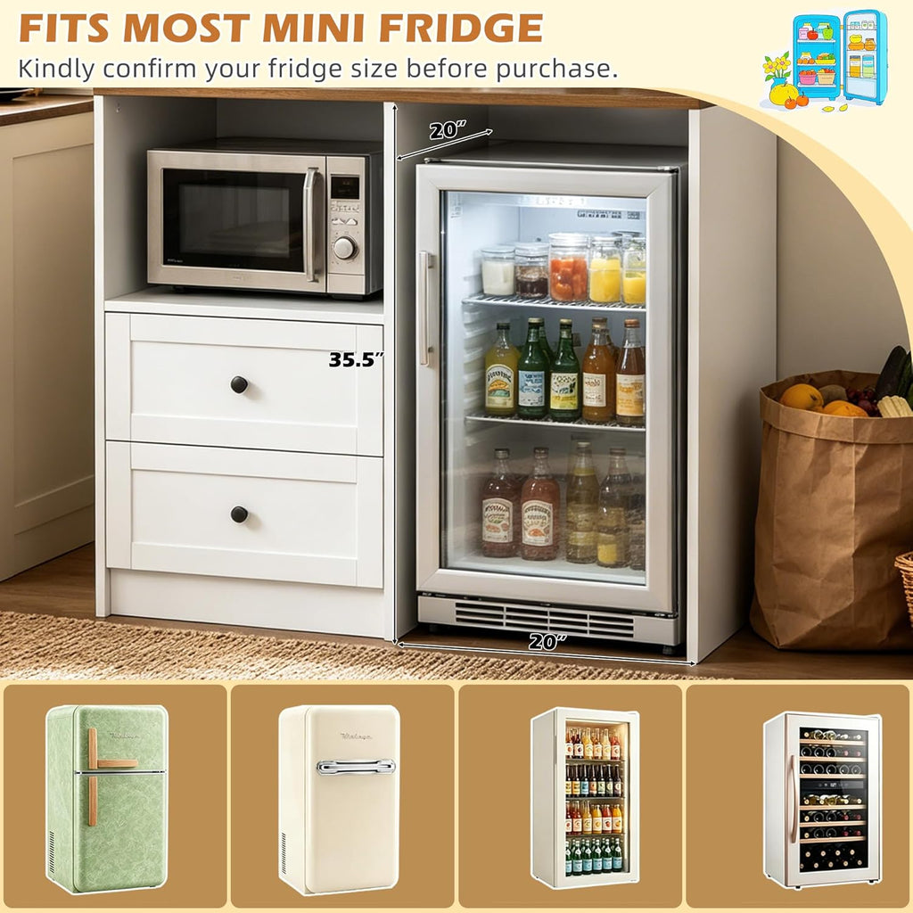 72" Kitchen Pantry Storage Cabinet with Fridge Space, Mini Fridge Cabinet with Charging Station, Large Pantry Cabinet with Drawers, Doors & Shelves, Kitchen Hutch with Microwave Stand, White