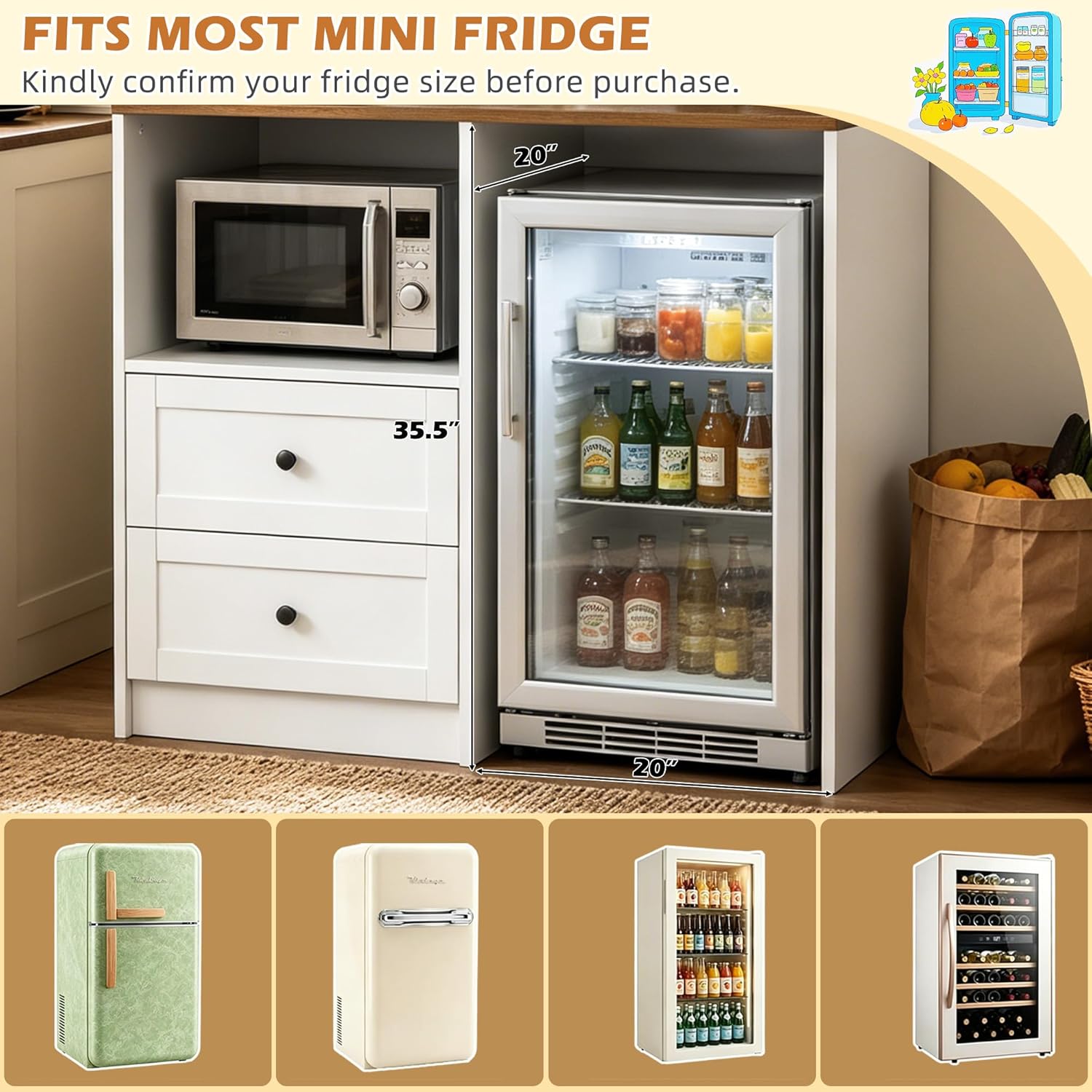 72" Kitchen Pantry Storage Cabinet with Fridge Space, Mini Fridge Cabinet with Charging Station, Large Pantry Cabinet with Drawers, Doors & Shelves, Kitchen Hutch with Microwave Stand, White