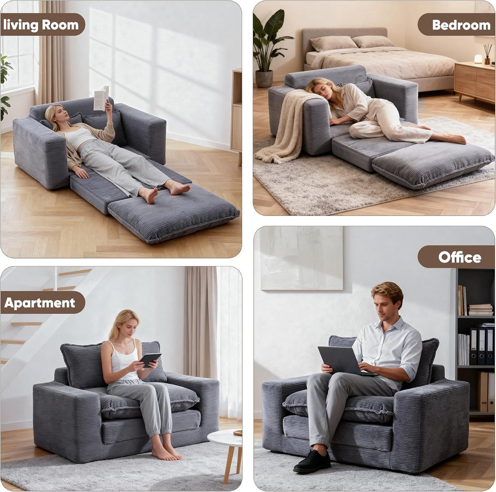 58" Sofa Bed, 2 in 1 Folding Convertible Sofa Bed Corduroy Boneless Loveseat Floor Sleeper Mattress Futon Couch Bed No Assembly for Apartment Bedroom Living Room 58-Grey