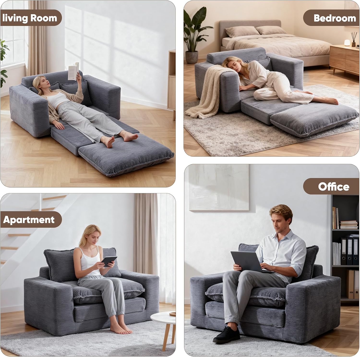 58" Sofa Bed, 2 in 1 Folding Convertible Sofa Bed Corduroy Boneless Loveseat Floor Sleeper Mattress Futon Couch Bed No Assembly for Apartment Bedroom Living Room 58-Grey