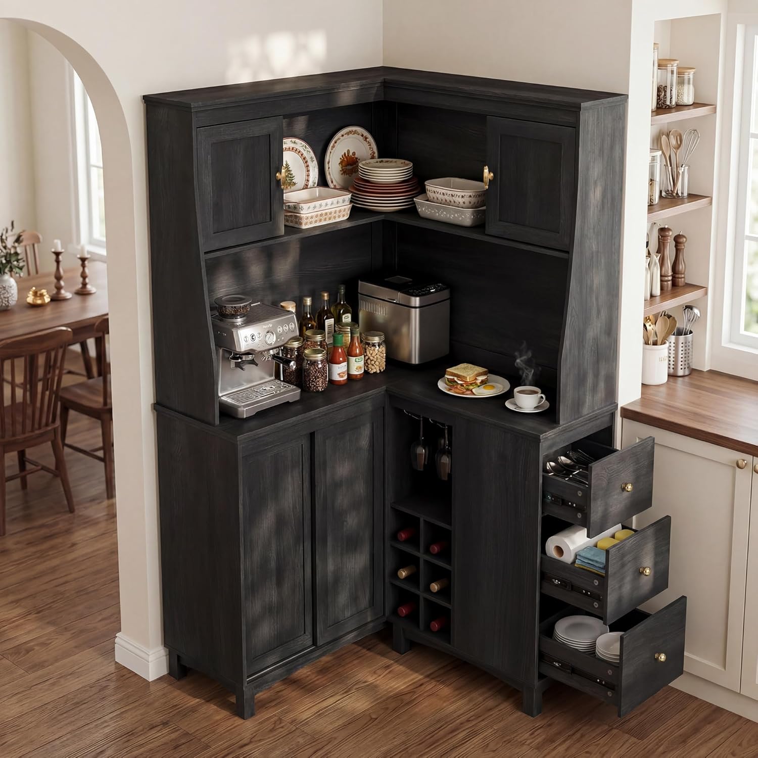 STO’Sense 71" Tall Corner Cabinet w/Charging Station,L-Shaped Kitchen Pantry Storage Cabinet w/3 Drawers,Countertop,Wine Rack,Shelves,Glass Holder&Sliding Door, Large Microwave Stand Hutch, Black Oak