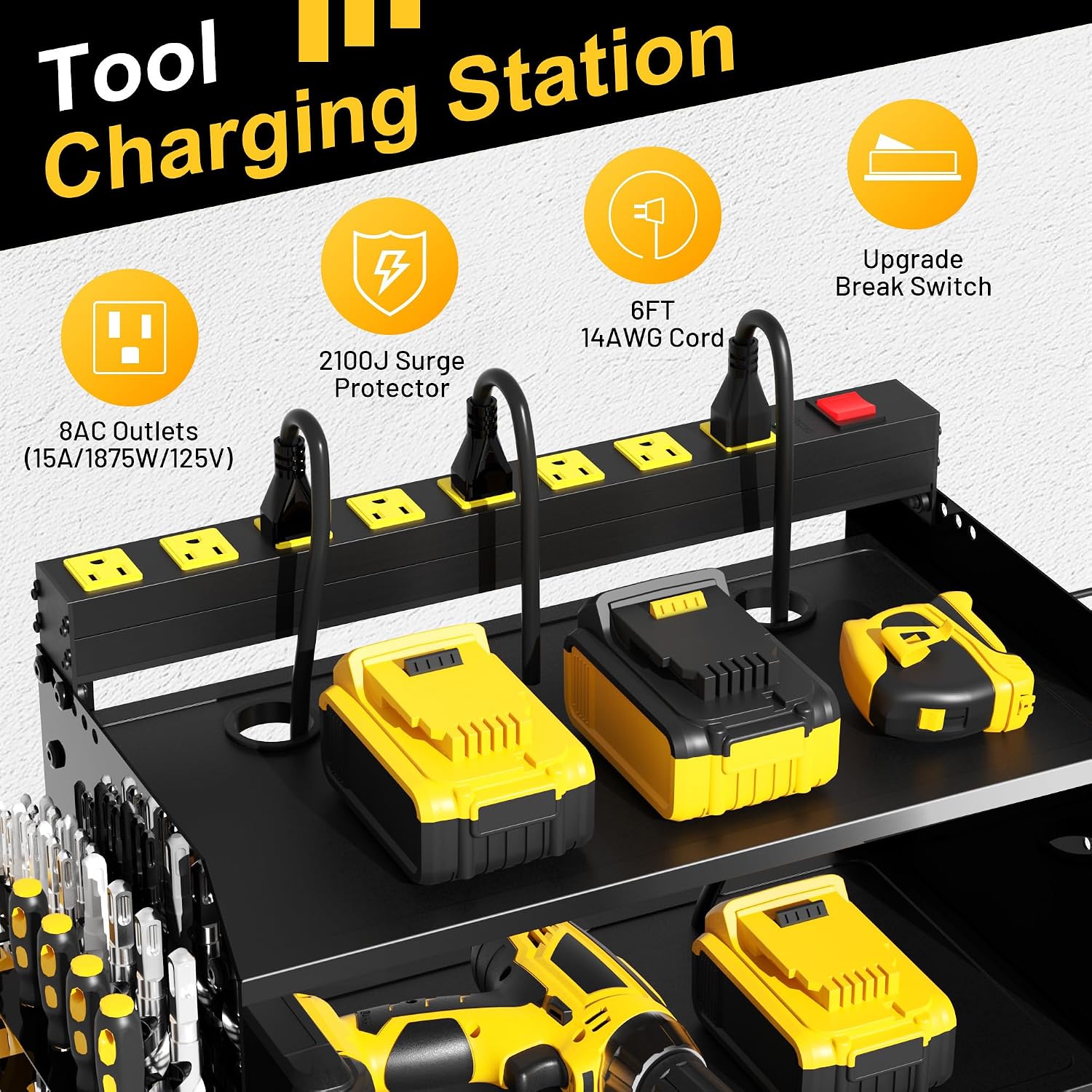 Power Tool Organizer Wall Mount with Charging Station & 8 Outlet,3 Layer Heavy Duty Metal Rack Loads 200lbs for Garage Organization,4 Cordless Drill Holders,Day Gift for Men,Glossy Black