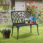 VINGLI 38" Outdoor Metal Bench, Cast Aluminium Garden Bench, Weatherproof Antique Finish Orchid Chair, 1-2 Person Seat Deck Furniture for Porch Entryway Patio (Black)