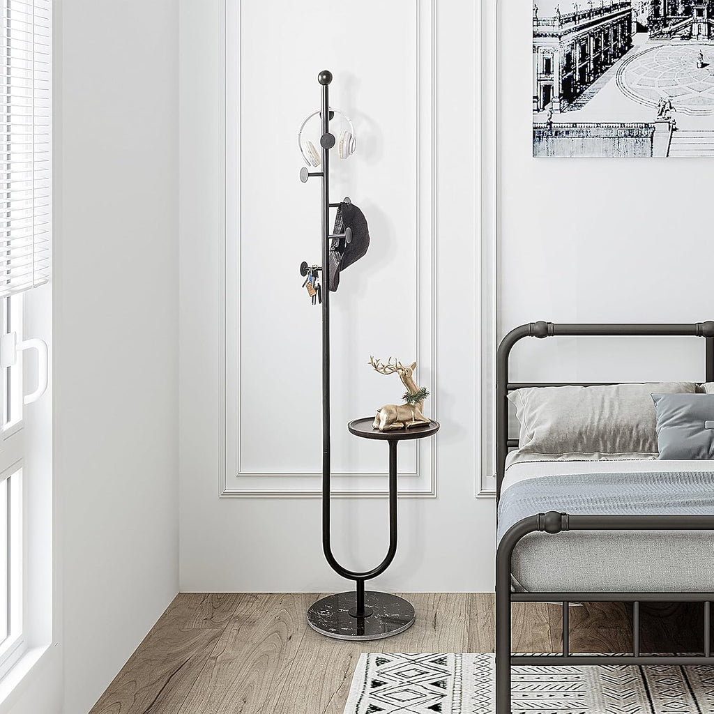 JIAYUEJU Coat Rack Freestanding with Table & 6 Hooks, Corner Coat Tree, Heavy-duty Marble Base Coat Rack Stand for Bedroom Living Room Office Entryway 13.78 x 13.78 x 68.11 Inches (Black)
