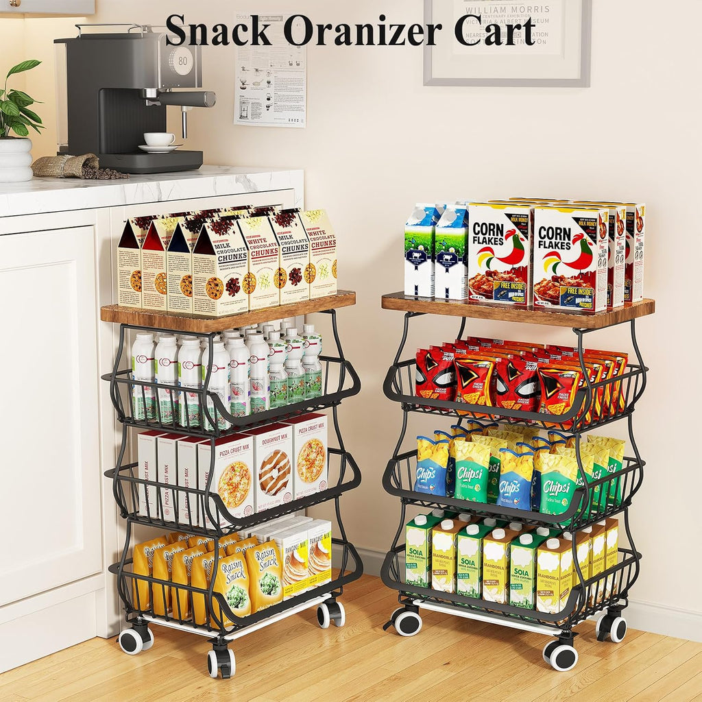 SAYZH 4-Tier Fruit and Vegetable Basket Stand for Kitchen, Wood Top, Black | Stackable Vegetable Storage Baskets with Wheel, Metal Wire Storage Carts for Onion, Potato and Snacks