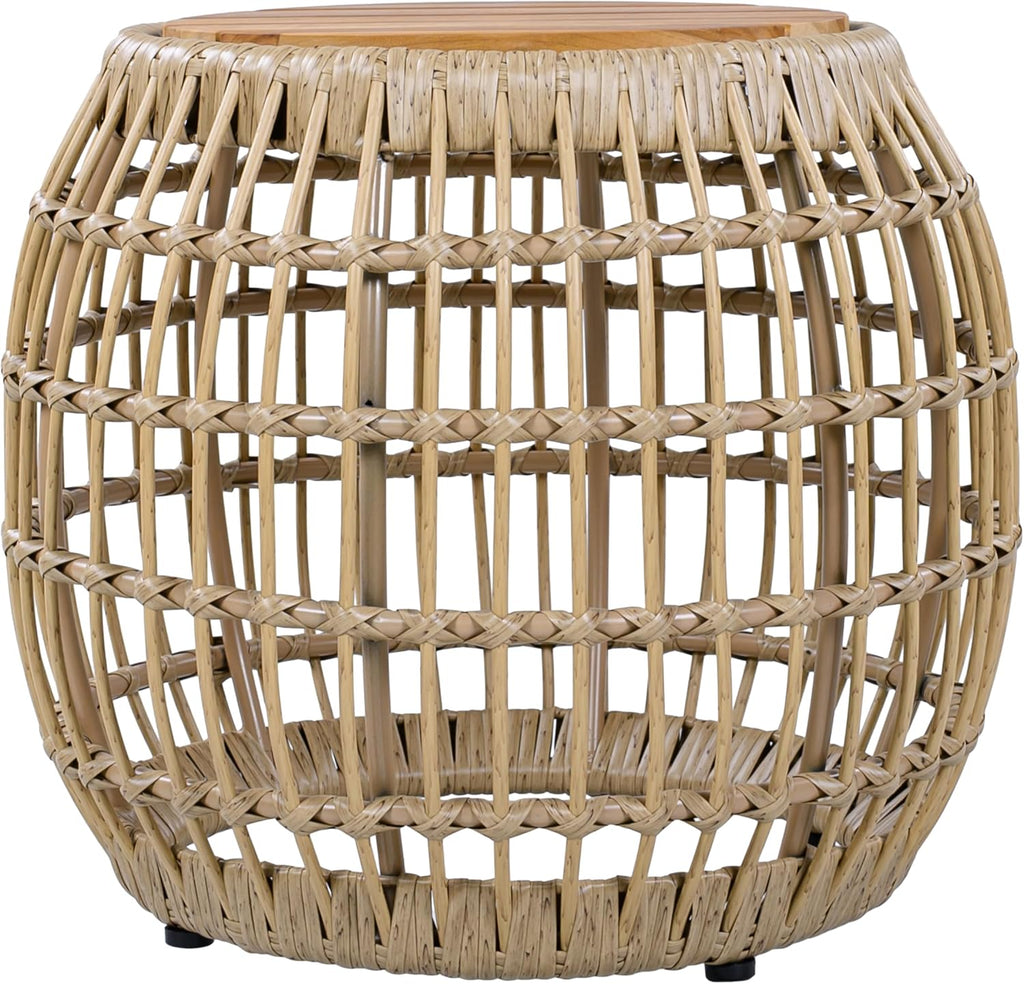 ø21.26'' Boho Side Table Wicker End Table for Living Room Outdoor & Indoor, Wood Tabletop & Wicker Baese, Modern Retro Farmhouse Style, No Assembly, Light Brown