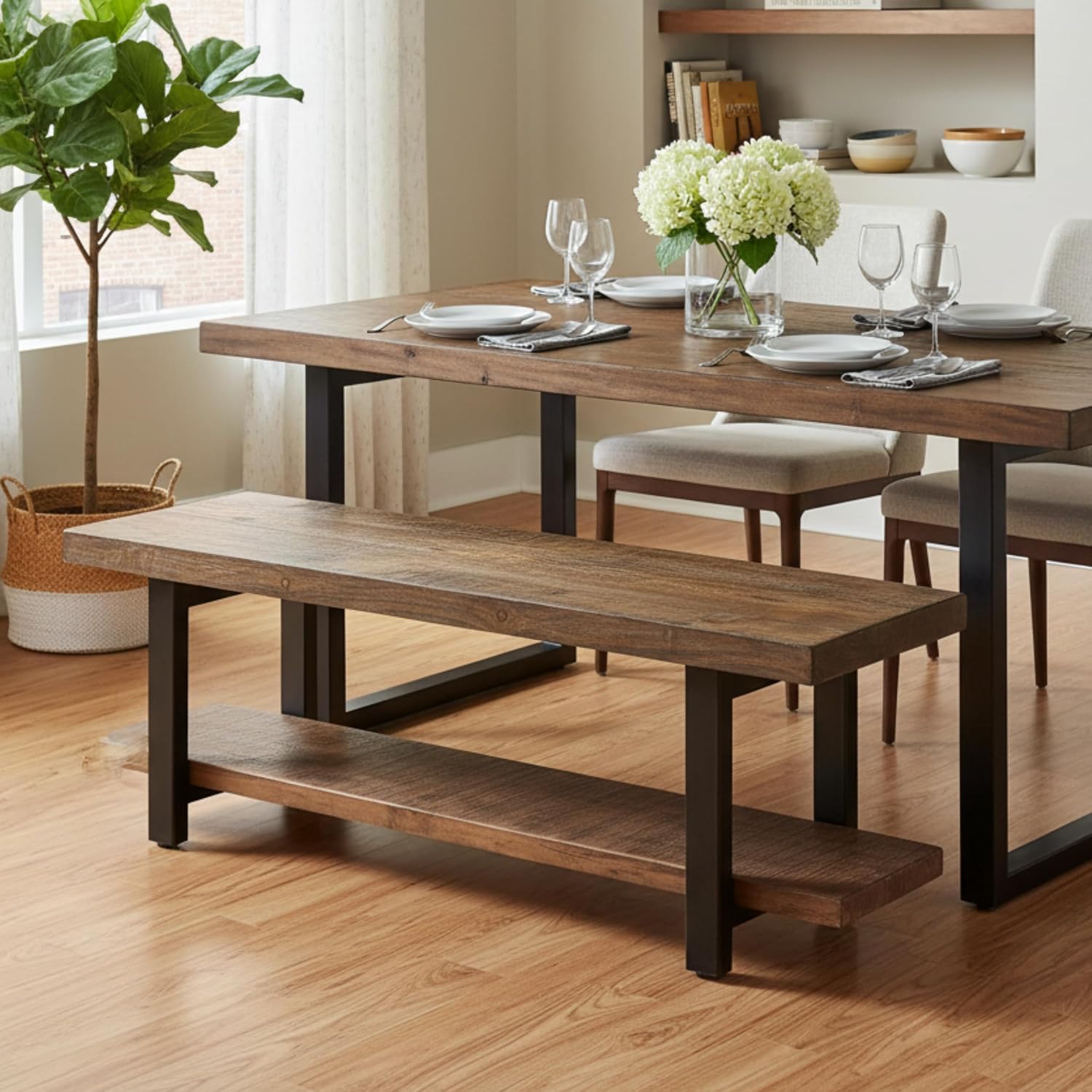 Alaterre Furniture Pomona Dining Bench - 48-Inch Modern Industrial Solid Wood Indoor Bench with Open Bottom Storage Shelf - Seating for Kitchen, Dining Room, and Living Room (Rustic Brown)