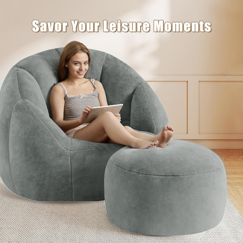 Round Stuffed Pouf Ottoman Foot Rest, Faux Fur Poufs with Memory Foam Filling, Ottomans for Living Room, Nursery, Dorm, Soft Foot Stool Ottoman for Couch, Perfect for Resting Your Feet (Grey, 20 Inch)