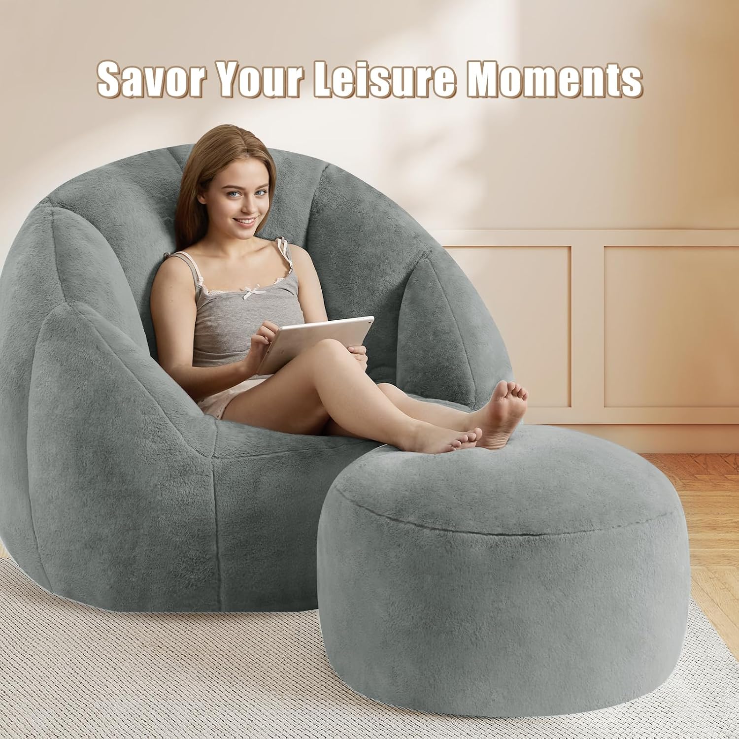 Round Stuffed Pouf Ottoman Foot Rest, Faux Fur Poufs with Memory Foam Filling, Ottomans for Living Room, Nursery, Dorm, Soft Foot Stool Ottoman for Couch, Perfect for Resting Your Feet (Grey, 20 Inch)