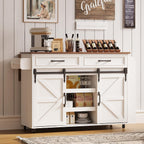 IRONCK Kitchen Island with Storage, Rolling Kitchen Island Cart with Drop Leaf Countertop and Pull-Out Shelf, Barn Doors, for Dining Room, Home Bar, White