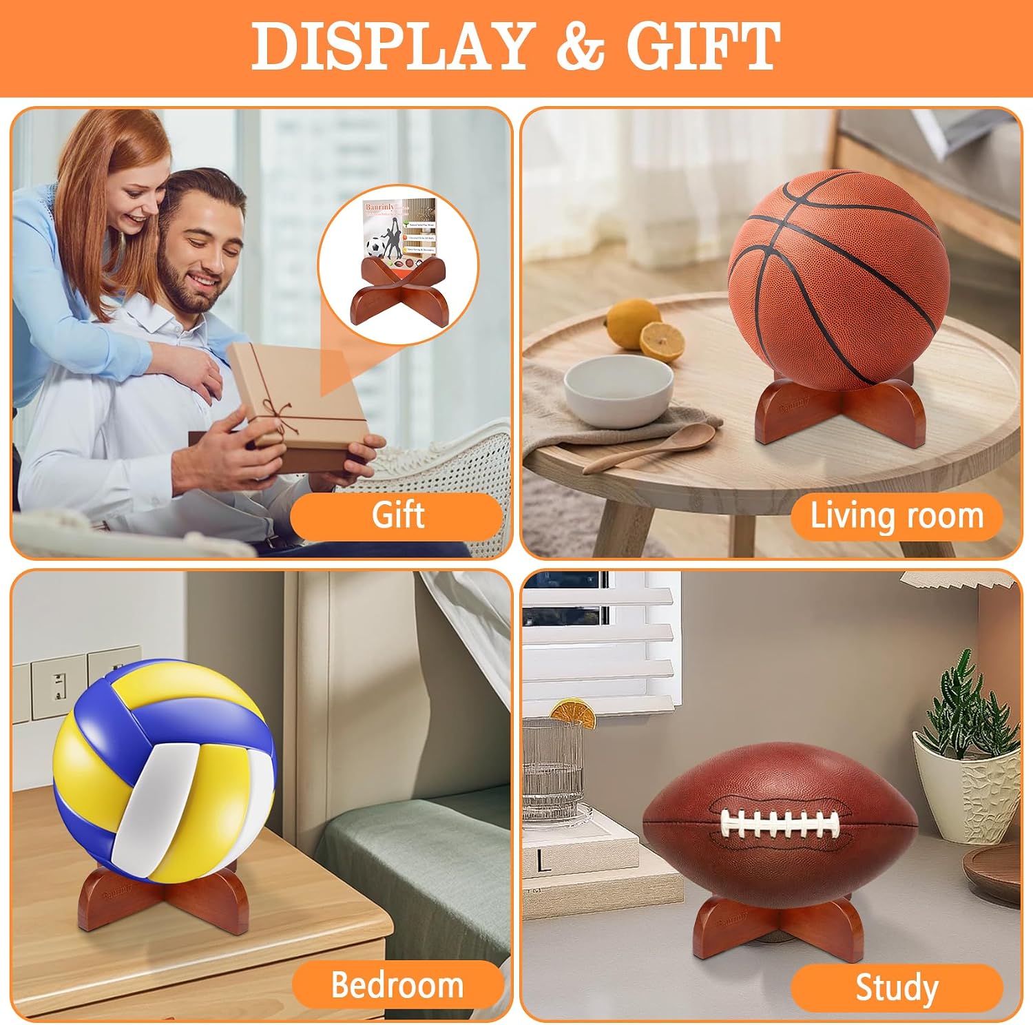 2-Pack Wooden Ball Display Stand - Solid Wood Sports Ball Holder for Football, Basketball, Rugby, Soccer, Volleyball Memorabilia - Premium Ball Display Case Base