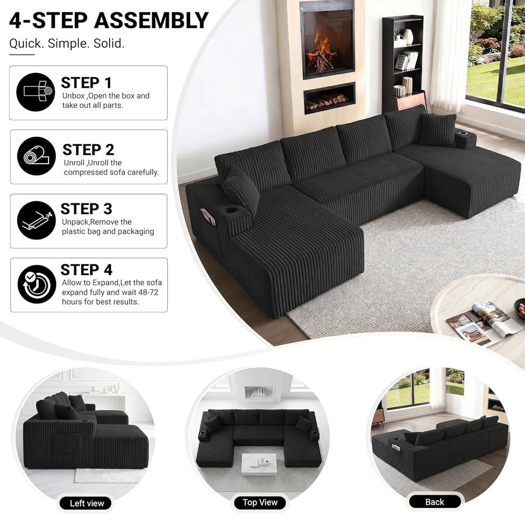 ivoros 125" Cloud Couch Sectional, Modular Sofa with Cup Holder and Storage Pocket, Corduroy U Shaped Boneless Sofas, Couch in a Box, No Assembly Required, Black Couches for Living Room