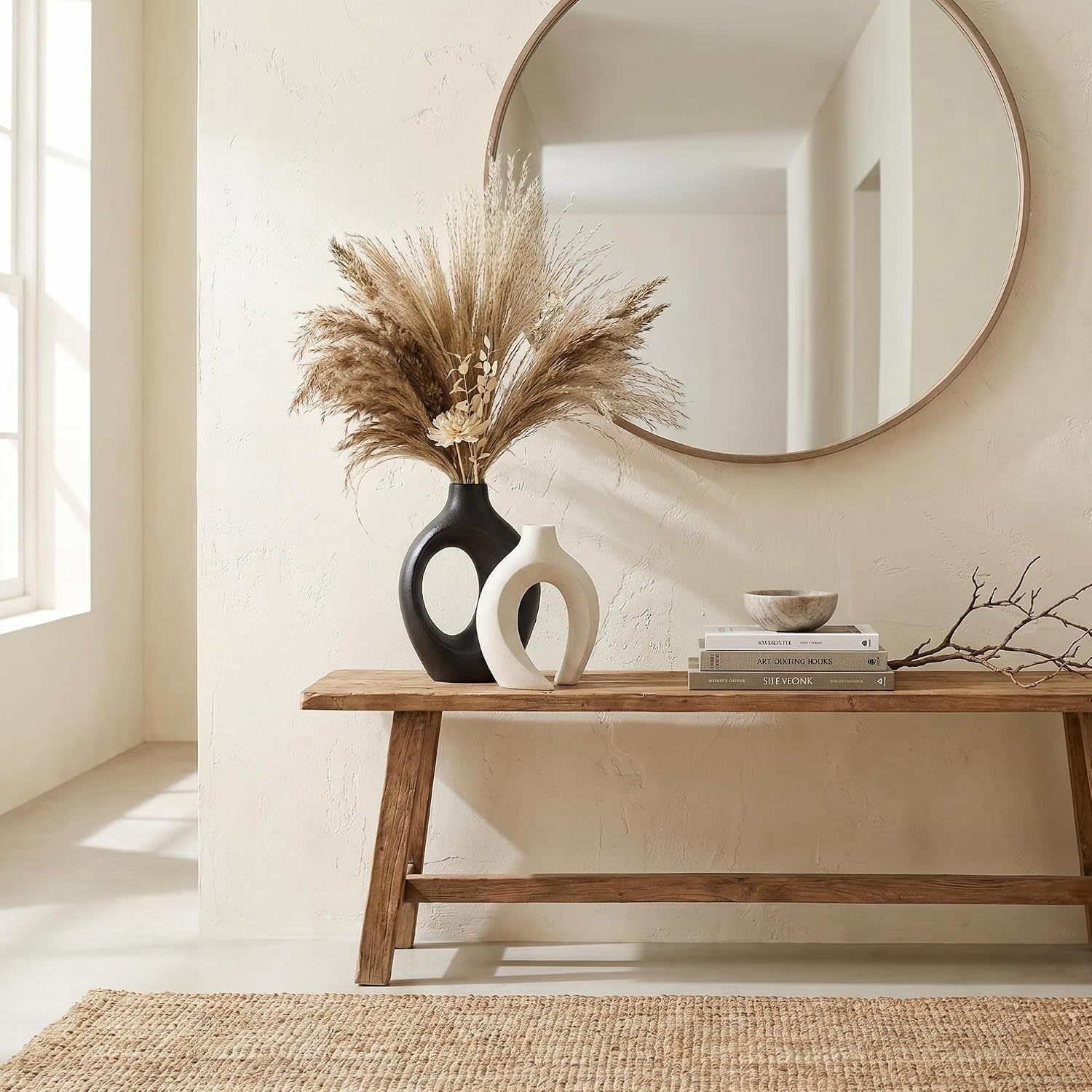 Black and Off-White Hollow Ceramic Vase Set of 2, Nordic Minimalist Aesthetic Snuggle Vases for Table Centerpiece Dining Living Room Book Shelf Decoration (W 6.3" X H 8.4")