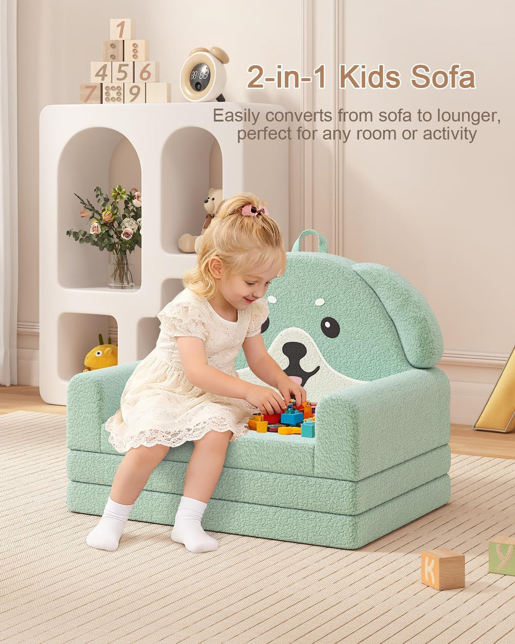 YACODAVO 2-in-1 Kids Couch, Soft Toddler Couch Fold Out for Girl and Boys, Dog Design Foldable Kids Sofa to Lounger, Convertible Kids Chairs Comfy, Gift for Birthday, Children's Day, Green