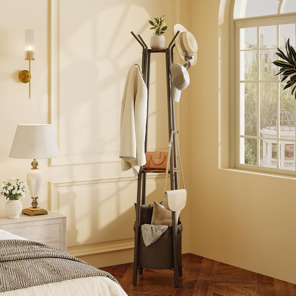 Homeiju Coat Rack with Storage Basket & 12 Hooks, Freestanding Heavy Duty Hall Tree for Entryway, Standing Coat Rack Stand for Hallway, Bedroom, Office