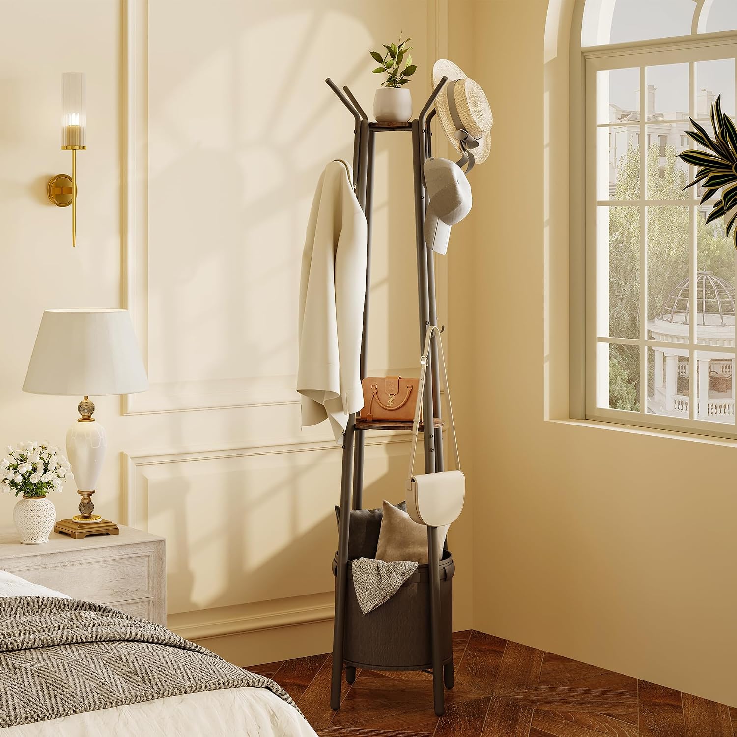 Homeiju Coat Rack with Storage Basket & 12 Hooks, Freestanding Heavy Duty Hall Tree for Entryway, Standing Coat Rack Stand for Hallway, Bedroom, Office