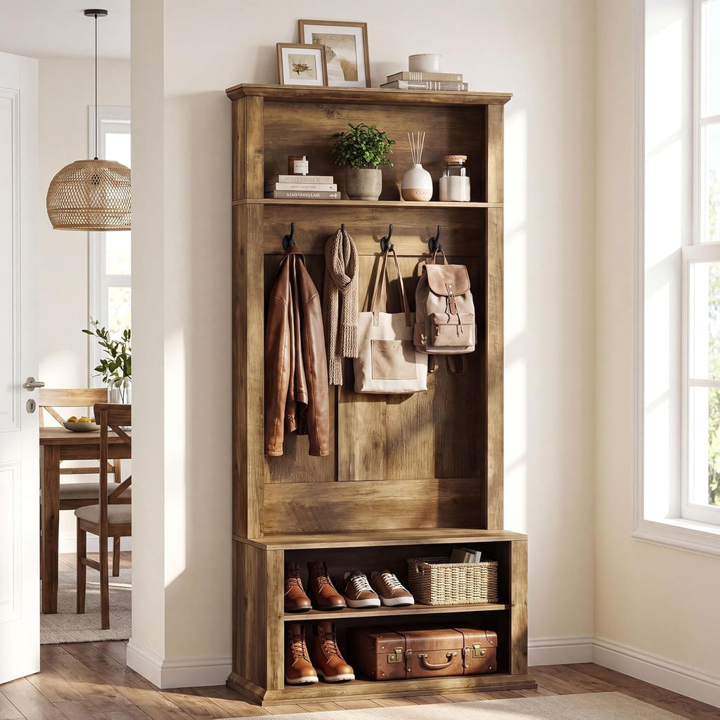 Tribesigns Hall Tree with Bench and Shoe Storage, 70.89" Tall Hall Tree with Coat Hooks, Open Shoe Shelves and Top Display Shelf, Entryway Coat Rack for Mudroom, Hallway, Bedroom, Rustic Brown