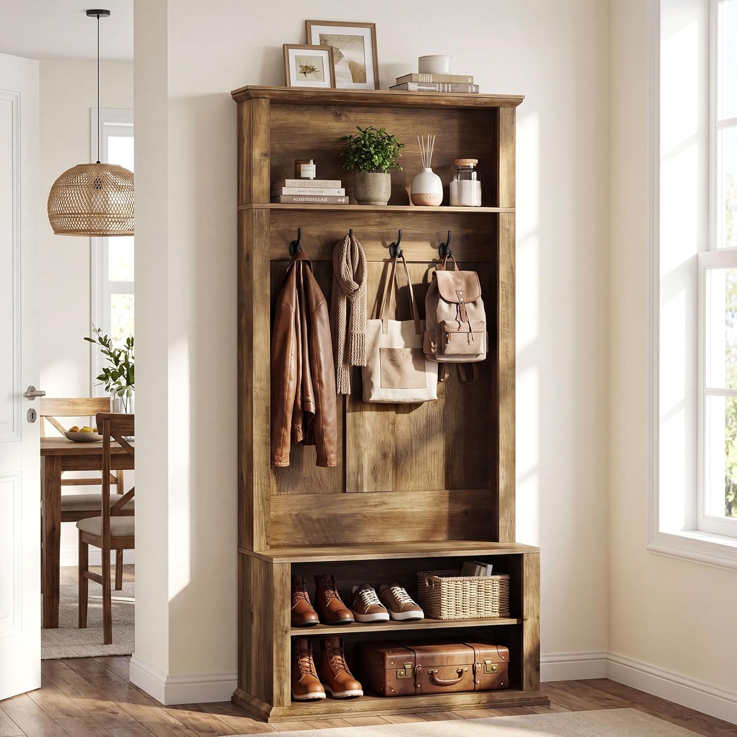 Tribesigns Hall Tree with Bench and Shoe Storage, 70.89" Tall Hall Tree with Coat Hooks, Open Shoe Shelves and Top Display Shelf, Entryway Coat Rack for Mudroom, Hallway, Bedroom, Rustic Brown