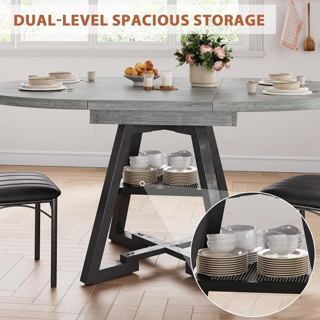 Expandable Kitchen Dining Table for 4-6, Oval Round Dining Table with Storage Shelf and Removable Extension Leaf, Space Saving Pedestal Table for Dining Room, Modern Industrial Style (Grey)