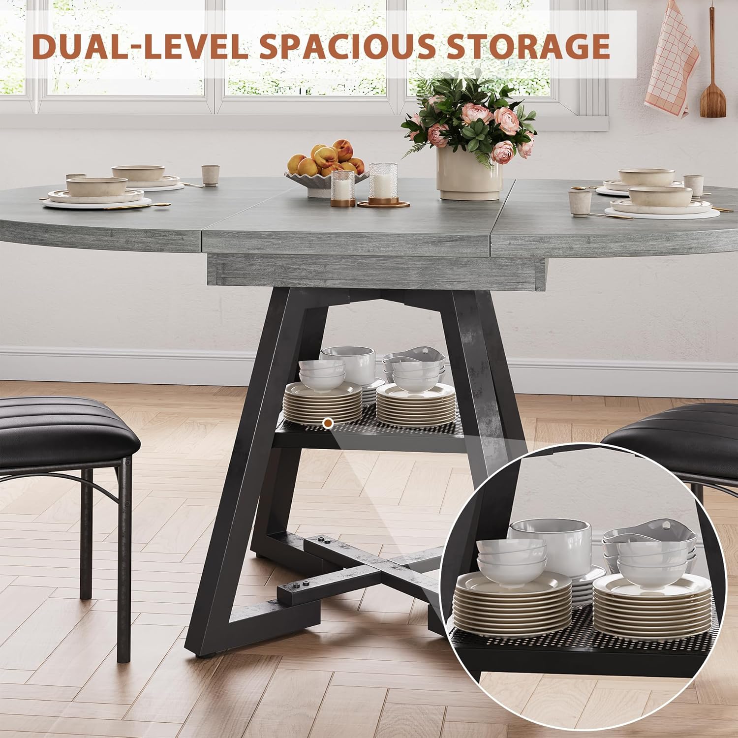 Expandable Kitchen Dining Table for 4-6, Oval Round Dining Table with Storage Shelf and Removable Extension Leaf, Space Saving Pedestal Table for Dining Room, Modern Industrial Style (Grey)