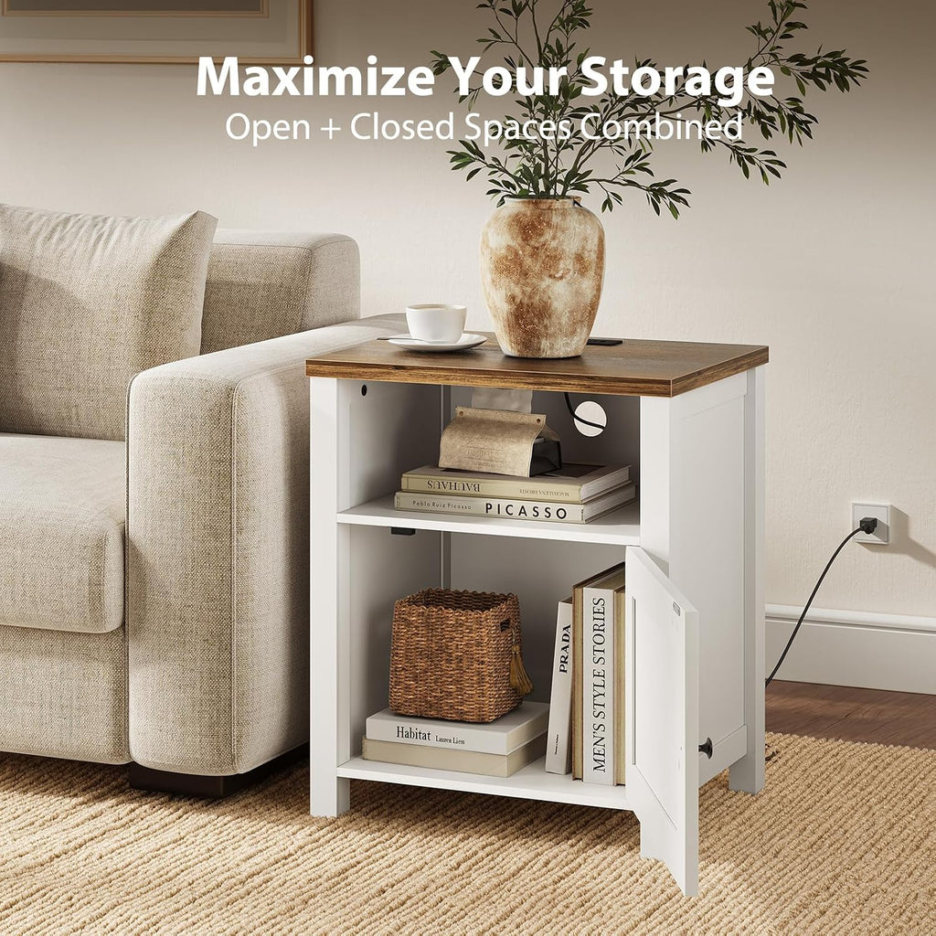Pipishell Night Stand Set 2, Farmhouse Bedside Table Set of 2 with Open Shelf, Enclosed Cabinet, USB Port & AC Outlet, Wood Side Table with Storage for Bedroom, White and Brown, 2 Pack