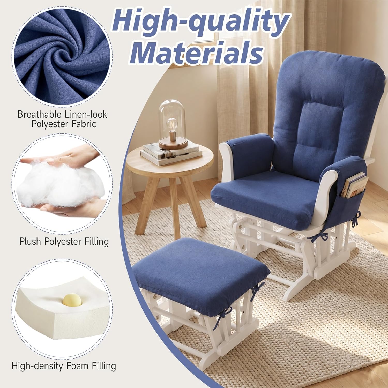 Boshen 5PCS Glider Rocker Replacement Cushions with Ottoman Cover, 3.5" Thick High Back Rocking Chair Cushion Set with Side Pockets for Indoor Nursery Glider Chair, Washable and Non Slip, Blue