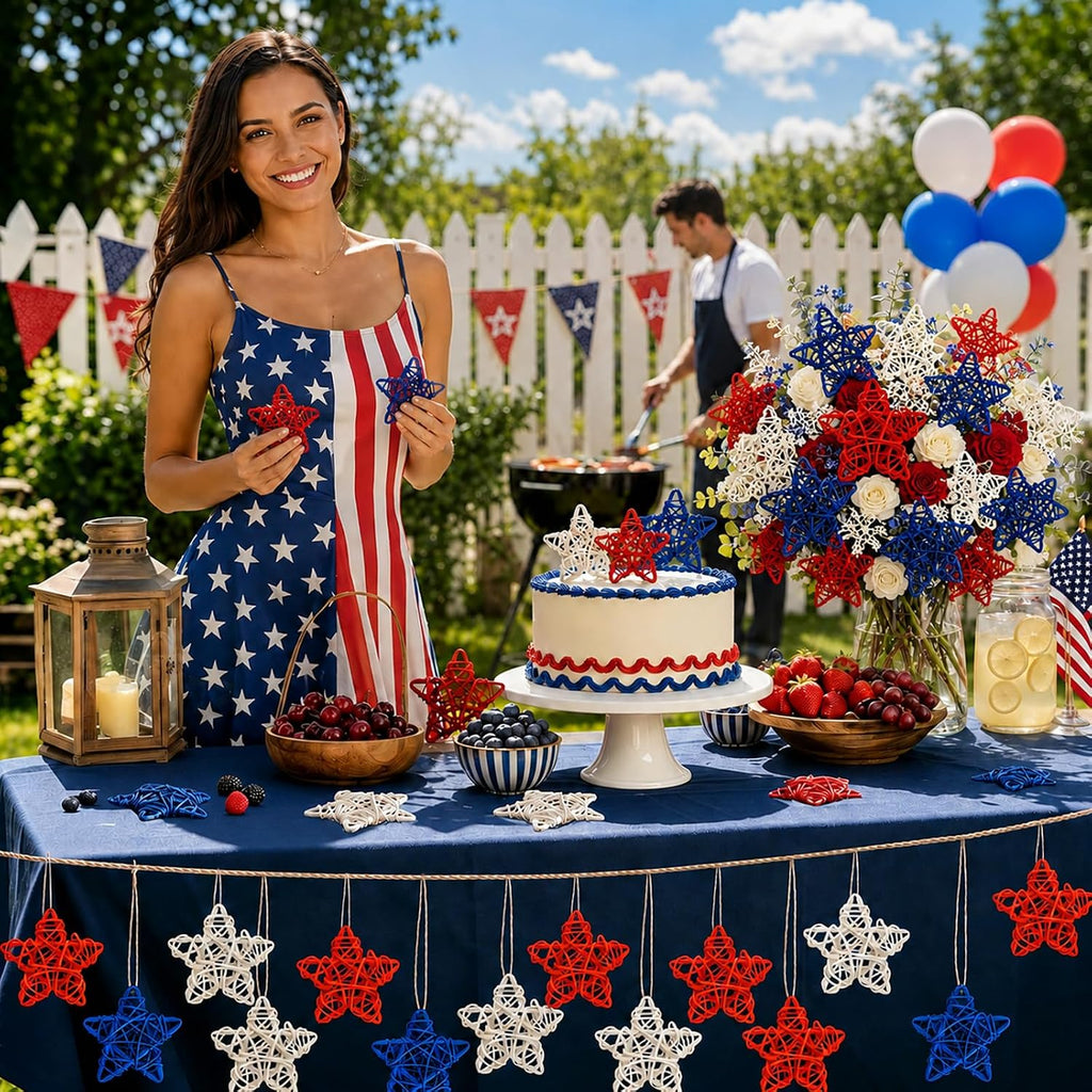 MEMOVAN 4th of July Patriotic Star Rattan Decoration 18Pcs Red Blue White Stars Patriotic Wicker Ornament Patriotic Star Vase Fillers for 4th of July Independence Day Craft DIY Bowl Filler Table Decor