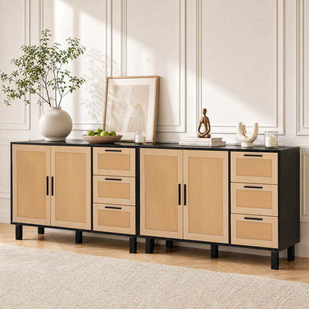 GREEN PARTY 47" Black Rattan Sideboard Buffet Cabinet, Coffee Bar Cabinet with Storage, 3 Drawers and 2 Doors, Modern Kitchen Storage Cabinet for Dining Room, Entryway
