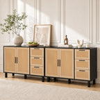 GREEN PARTY 47" Black Rattan Sideboard Buffet Cabinet, Coffee Bar Cabinet with Storage, 3 Drawers and 2 Doors, Modern Kitchen Storage Cabinet for Dining Room, Entryway
