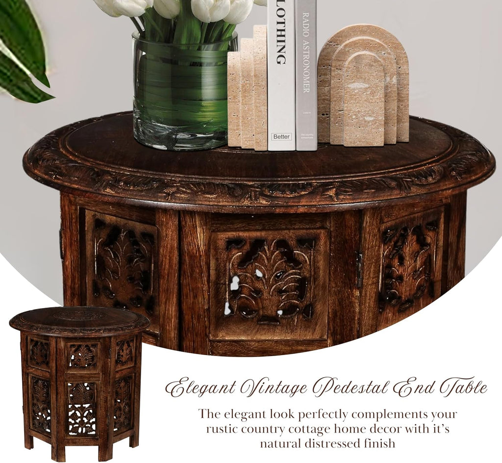 Round Wood Coffee Table - 18” Carved Small Accent Side Table with Burnt Finish, Wooden Altar Table, 18” Round Top x 18” Height, Perfect End Table for Living Room Decor