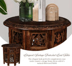 Round Wood Coffee Table - 18” Carved Small Accent Side Table with Burnt Finish, Wooden Altar Table, 18” Round Top x 18” Height, Perfect End Table for Living Room Decor